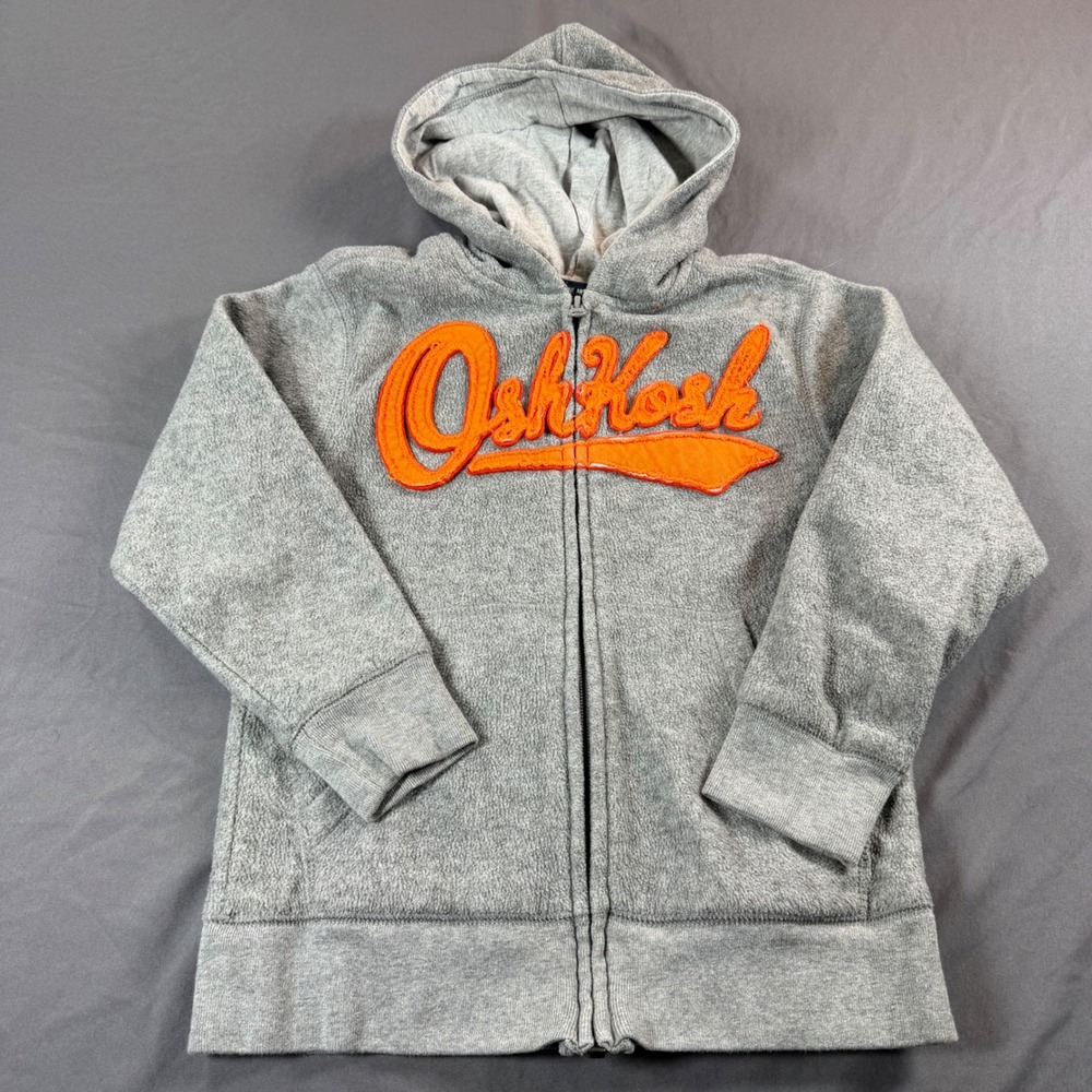 OshKosh Bgosh Boys Grey Fleece Full Zip Hoodie Orange Logo Size 8